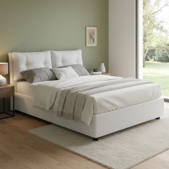 Dmora Dmora - Cama Matrimonial Dcit, Cama Contenedor Con Revestimiento De Tela, 100% Made In Italy, Apertura Frontal, Adecuado Para Colch&oacute;n 160x190 Cm, Blan