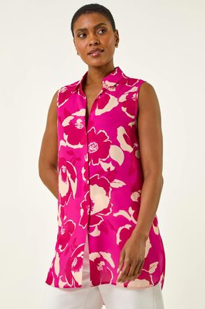 Roman Floral Print Longline Button Blouse