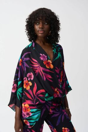 Joseph Ribkoff Tropical Print Surplice Top In Black/multi