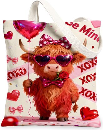 Generic ValentineS Day Cute Animal Canvas Tote Bags, Adorable Cow Design Reusable Grocery Bags, Lightweight Washable Shoulder Stra, Peach, 13x15 Inch