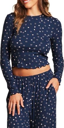 Barefoot Dreams Ultra Soft Rib Lettuce Hem Crop Pajama Top in Marine/Pink Peonie at Nordstrom, Size Small