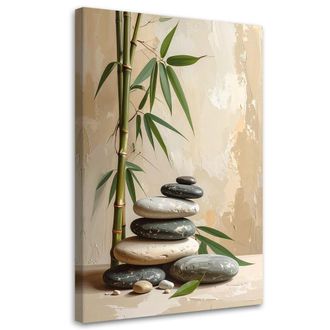 Feeby Cuadro En Lienzo, Piedras Zen Spa Hojas De Bamb&uacute; En Beige, 80x120