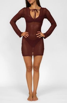 Montce Swim Sophia Long-Sleeve Cover-Up Minidress in Maroon Crochet at Nordstrom Rack, Size X-Large