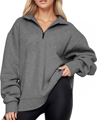 Generic HUIFUAO Women Sweatshirt Zip Front V Neck Pullover Autumn Long Sleeve Tops Lightweight Shirts Solid Color Basic Blouse With Pockets (Z11 Dark Gray, XX