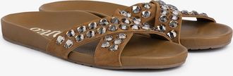 Pedro Garcia Slide flat sandal brown suede with crystals| Analis| Fall winter 25 | PEDRO GARCIA