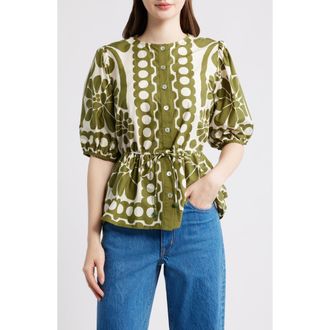 Farm Rio Palermo Floral Cotton Drawstring Waist Button-Up Shirt in Palermo Green at Nordstrom, Size Small