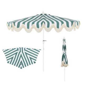 Jonathan Y Designs Beverly 9 ft. Designer Classic Scalloped Fringe Half Market Patio Umbrella with Crank, Push Button Tilt and UV Protection in Green/white