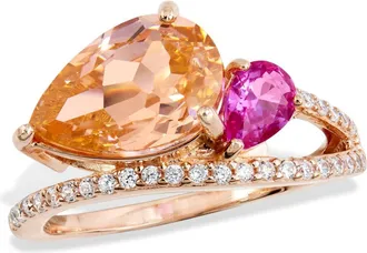Savvy Cie Jewels ROSE GOLD OVER STERLING SILVER DOUBLE PEAR AND WHITE CZ RING