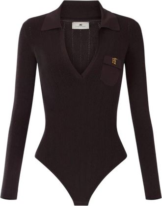 Elisabetta Franchi Gebreide body met polokraag en verfijnd logo - Dames - Bodies - Bruin - XS - Tops