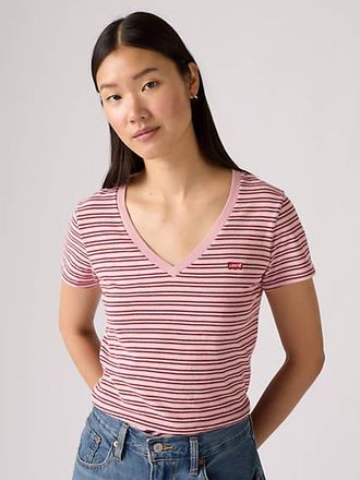 Levi's Perfect V Neck Tee - Womens - 2XS - Pink / Clara Stripe Zephyr Jersey