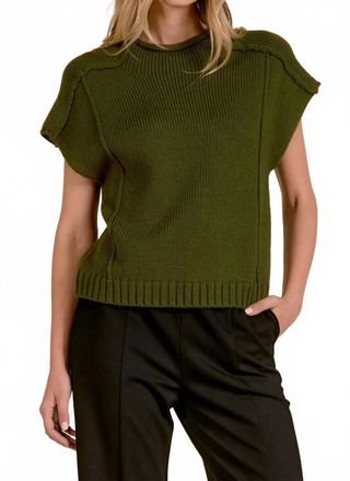 Elan Crew Neck Cap Sleeve Sweater In Olive