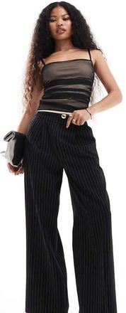Miss Selfridge tailored straight leg pants in mono pinstripe-Black