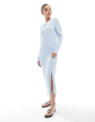 Pieces long sleeve plisse midi dress in ditsy blue floral print