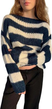 Generic aaSccex Cuddly Pullover Womens Fluffy Knitted Jumper Womens Long Sweatshirt Oversized Stripes Vintage Loose Casual Sweatshirt Crew Neck Pullover Off S