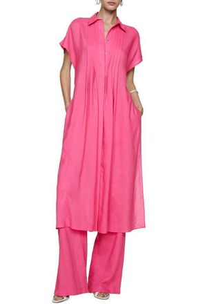 Mango Pleated Side Slit Midi Shirtdress in Pink at Nordstrom, Size 6