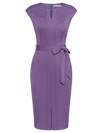 Grace Karin Ladies Work Dress with Belt Split Cap Sleeve Bodycon Dress Light Purple M