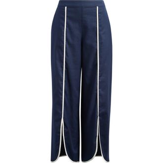 Nic+Zoe Piped High Waist Split Hem Cotton & Linen Pants in Dark Indigo at Nordstrom, Size 14
