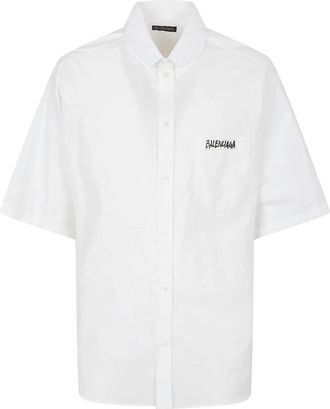 Balenciaga Katoenen Shirt - Heren - Korte mouwen Overhemden - Wit - S - Katoen - Overhemden