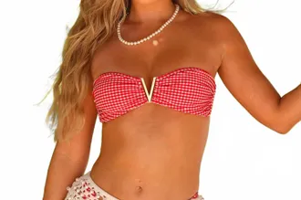 Kulani Kinis Mega V Band Strapless Tie Bikini Top In Strawberry Siesta