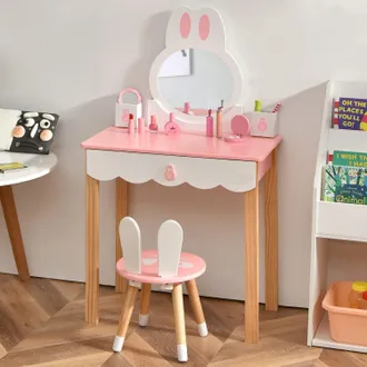 Costway Costway - Set Mesa Tocador Y Silla Para Ni&ntilde;os, Set Tocador Infantil Con Espejo, Cajones, Mesa De Maquillaje (rosa)