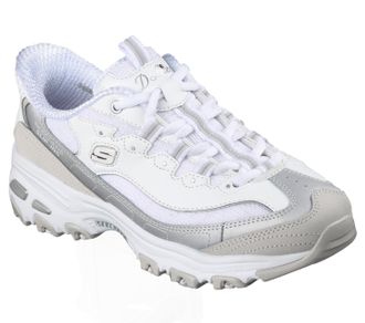Skechers Womens DLites Smooth Nostalgia Sneaker, White Leather/Duraleather/Mesh/Silver Trim, 3.5 UK