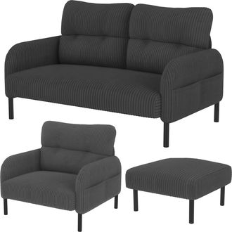STILVORA Conjunto De Sof&aacute;s De 4 Plazas En Terciopelo Acanalado Con Sof&aacute; Recto, Sill&oacute;n, Taburete, Bolsillo Lateral, Gris