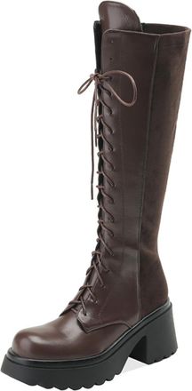 Generic Womens Knee-High Lace-Up Boots PU Leather Suede Mix Side Zipper Thick Platform Soles Round Toe Soft Lining Cushioned Insole Durable Outsole,Brown,5.5 