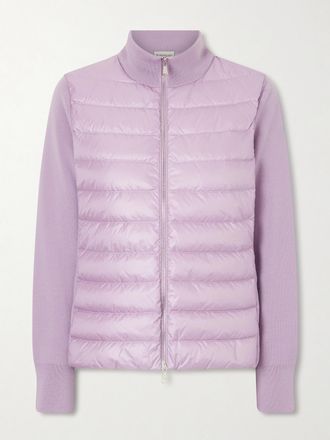 Moncler Cardigan Imbottito In Shell Trapuntato E Lana Con Logo Applicato - Viola