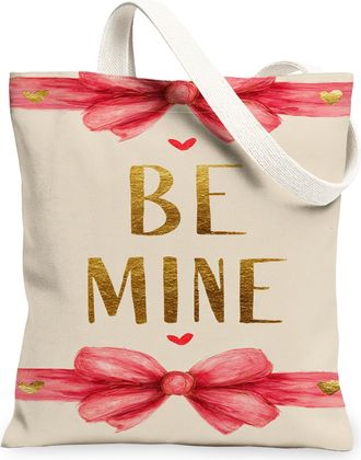 Generic ValentineS Day Floral Canvas Tote Bags, Cute Bow Design Reusable Grocery Bags, Lightweight Washable Canvas for Travel Shop, Beige, 13x15 Inch