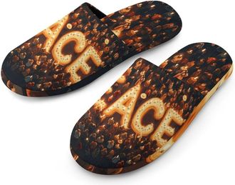 Generic Peace Candlelight Flannel Mens Slip-on Slippers Winter Warm House Shoes with Rubber Sole for Home Hotel