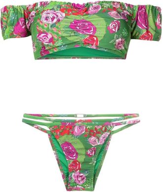 Amir Slama off-shoulder floral-print bikini - women - Polyamide/Elastane - PP - Green