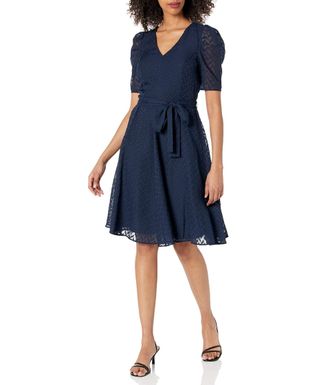 Tommy Hilfiger Womens Abstract Zigzag Pleated Sleeve Fit-and-Flare Dress Casual, Sky Captain Blue, 12