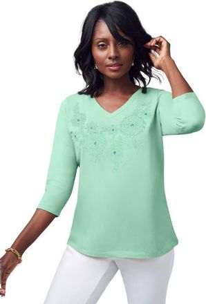 Jessica London Stretch Cotton Embroidered Tee in Pale Seafoam Floral Embroidery at Nordstrom, Size Medium