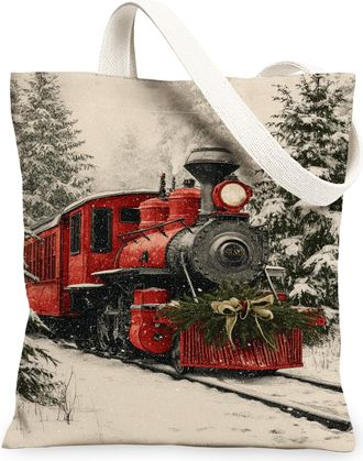 Generic Christmas Train Canvas Tote Bag, Retro Locomotive Design Reusable Grocery Bag, Winter Lightweight Washable Shoulder Strap F, Red, 13x15 Inch
