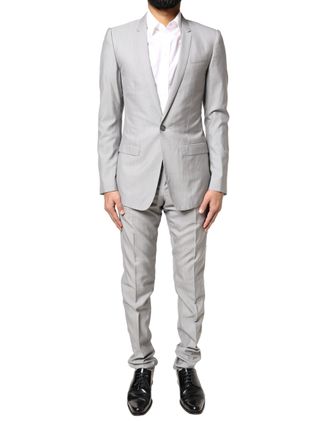 Dolce & Gabbana Mens Light Gray Wool Gold 2 Piece Formal Suit Virgin Silk