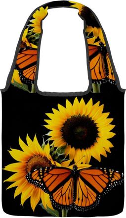 Generic Butterflies Sunflowers Reversible Canvas Shoulder Tote - Double-Sided Print, 12oz Cotton, 27cm Drop, Fold-Flat Bag for Travel, Shopping, Street Outing