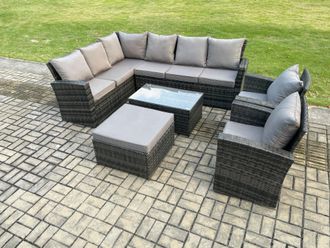 Fimous 9 Seater High Back Outdoor Garden Furniture Set Rattan Corner Sofa Set With Rectangular Coffee Table Big Footstool in Dark Grey