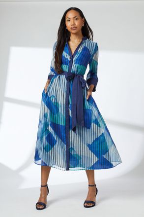 Principles Womens Blue Belted Contrast Detail Collarless Shirt Dress - Size 14 UK