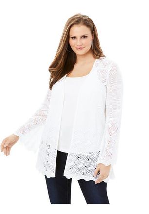 Roaman's Bell Sleeve Pointelle Cardigan in White at Nordstrom, Size 28