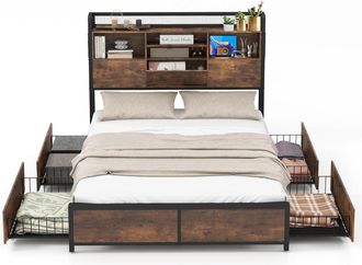 Costway Cama Doble Con Cajones 140 X 200 Cm, Estructura Cama De Metal Con Estaci&oacute;n De Carga, Cama Matrimonio No Requiere Somier, Marr&oacute;n Vintage - Costway
