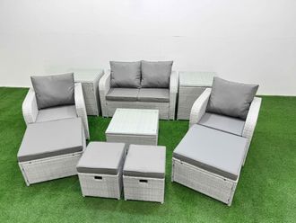 Fimous PE Rattan Love Sofa Reclining Chair Set with 4 Footstools 2 Side Table in Light Grey