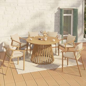 IDMarket Muebles De Jard&iacute;n Solal Mesa Redonda De 120 Cm Con Patas De Listones Met&aacute;licos Y 6 Sillas De Jard&iacute;n Con Correas Y Cojines Beige