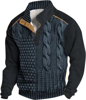 Generic Mens Sweatshirts Winter Fleece Sweatshirt Henley Button Stand Collar Pullover 3D Print Retro Knit Jumpers Warm Casual Outdoor Sport Top