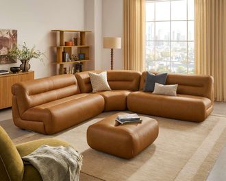 Castlery Tovi Leather L-Shape Sectional Couch with Ottoman, Mocha for Living Room, Brown, Castlery