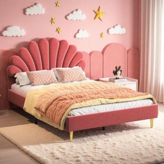 OEM Cama Doble 140x200 - Terciopelo Burdeos - Cabecera Ajustable - Pies Dorados - Dise&ntilde;o Moderno Rom&aacute;ntico