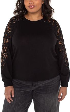 Liverpool L.A. Lace Inset Crewneck Knit Top in Black at Nordstrom, Size 1X