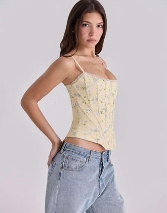 House of CB Cadie - Top a corsetto in cotone con stampa floreale di limoni-Giallo