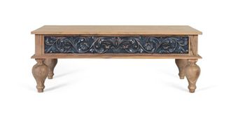 Giner&Colomer Mesa de centro de teca tallada a mano, bicolor natural y azul