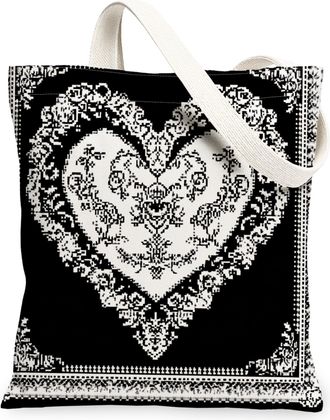 Generic Vintage Heart Pattern Canvas Tote Bags, Elegant Floral Design Reusable Grocery Bags, Lightweight Washable Shoulder Strap Canvas for Travel Shopping Be