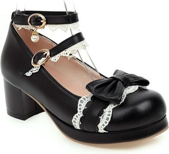 Generic Womens Sweet Lolita Heels Bow & Double Ankle Strap Pumps Block Heel Platform Dress Party Shoes,Black,5.5 UK